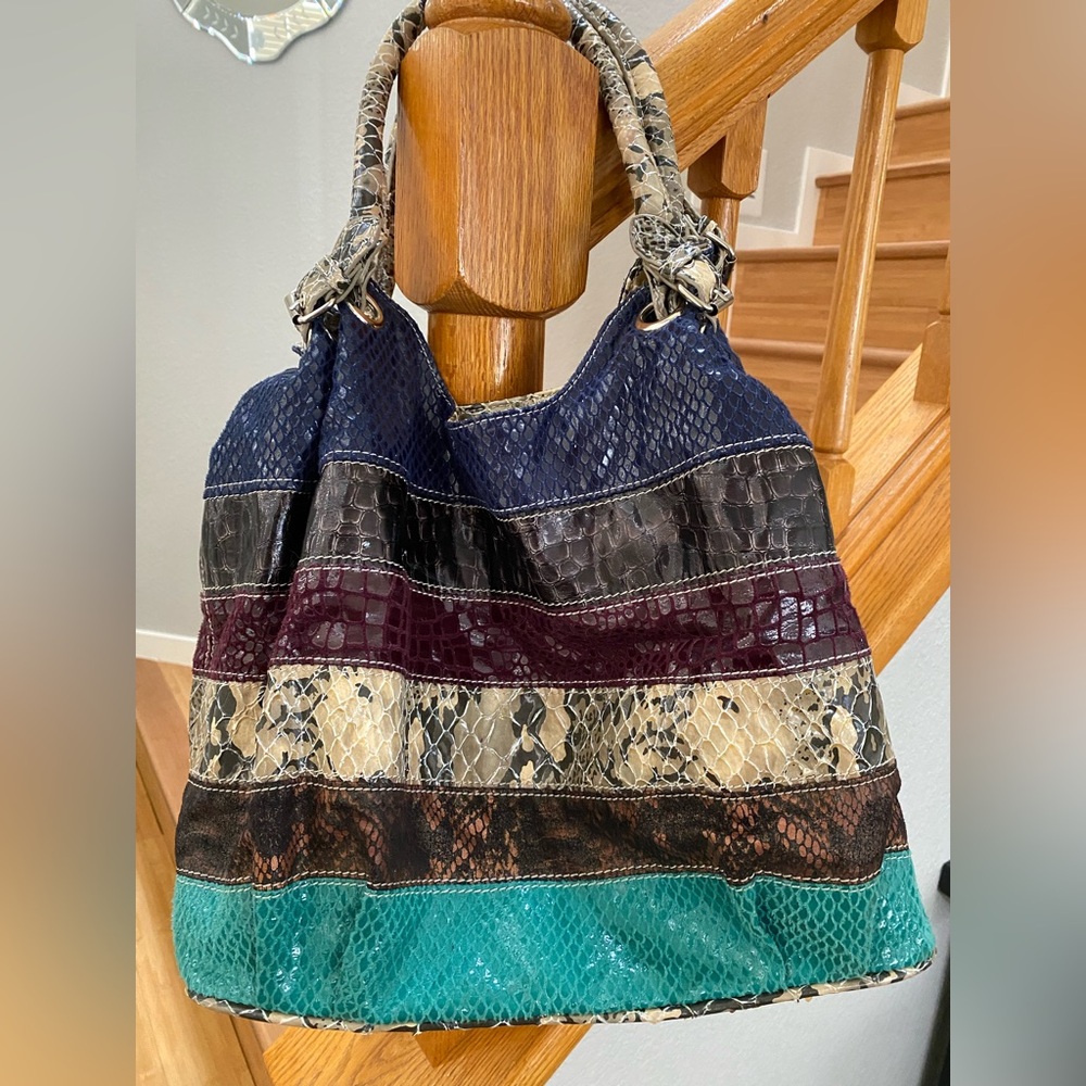 Aldo Multicolor Snake-Texture Shoulder Bag in Navy, Teal & Purple
